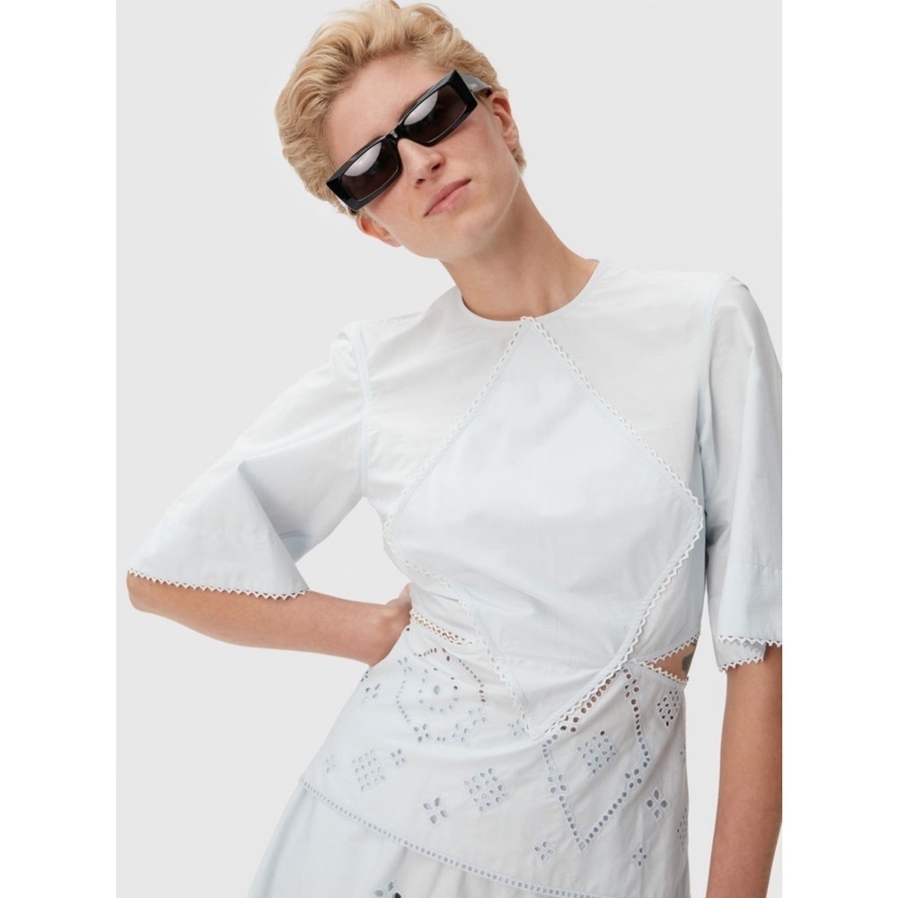 NWT GANNI Organic Cotton Short Sleeve Side Cutout Embroidered Eyelet Top S - Picture 7 of 14